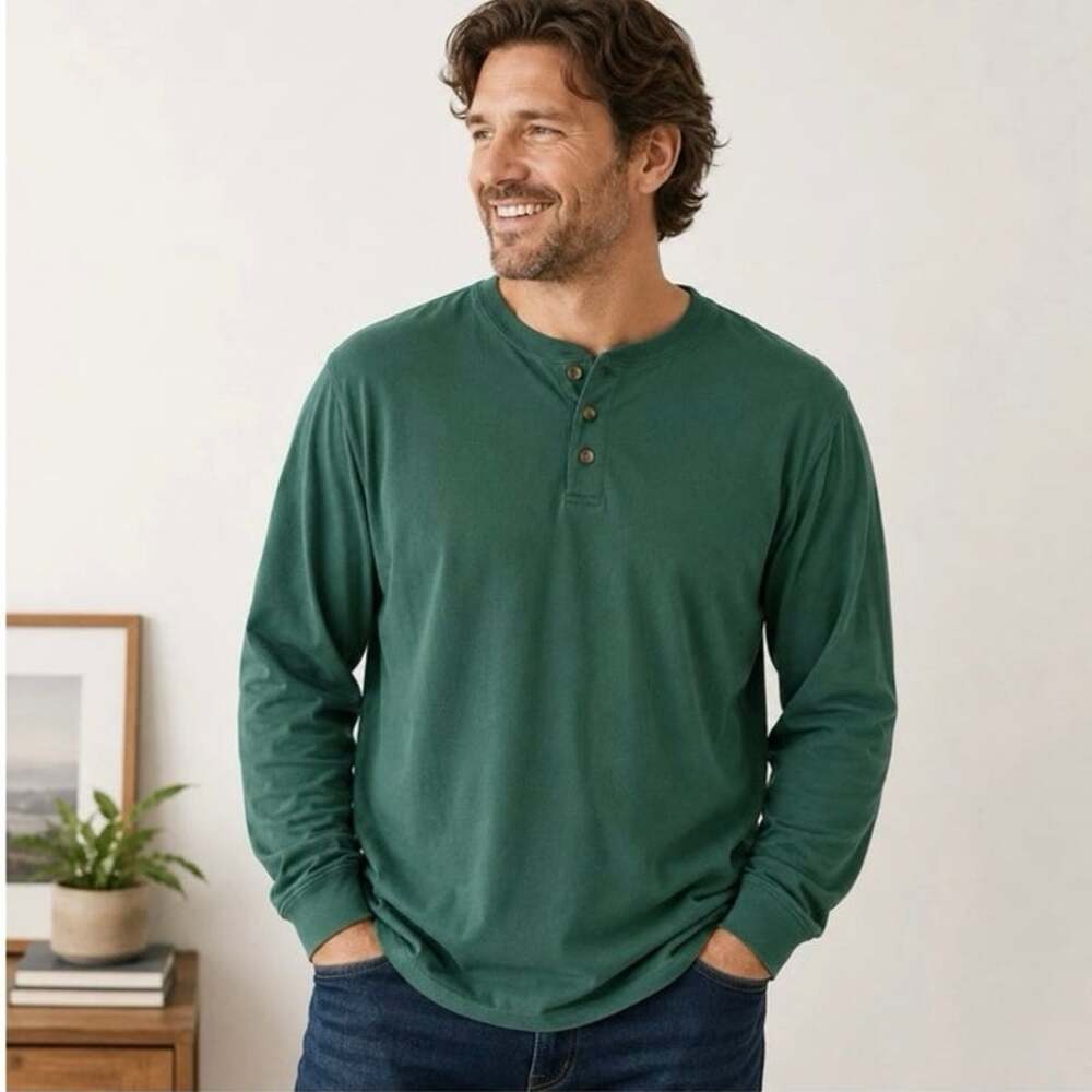 Lands End Super T Men’s XL Henley Shirt Classic Outdoors Hunter Green